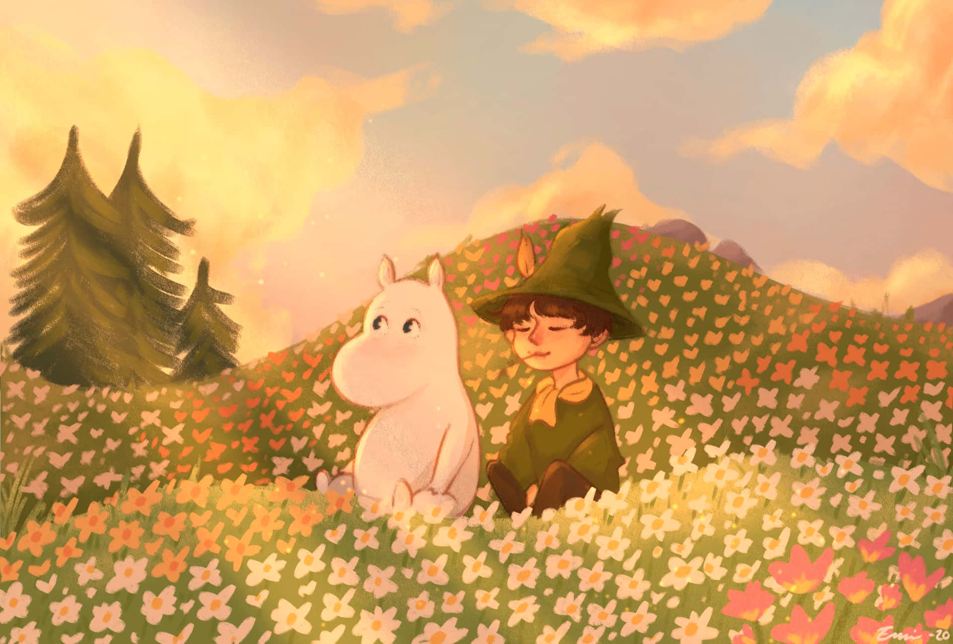 Moomin Desktop Relaxing Flower Field Background