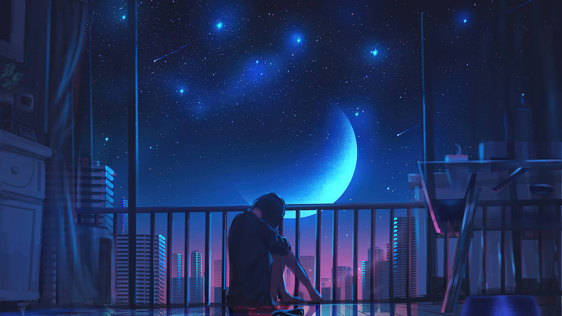 Moon 4k Anime Girl At Balcony Background