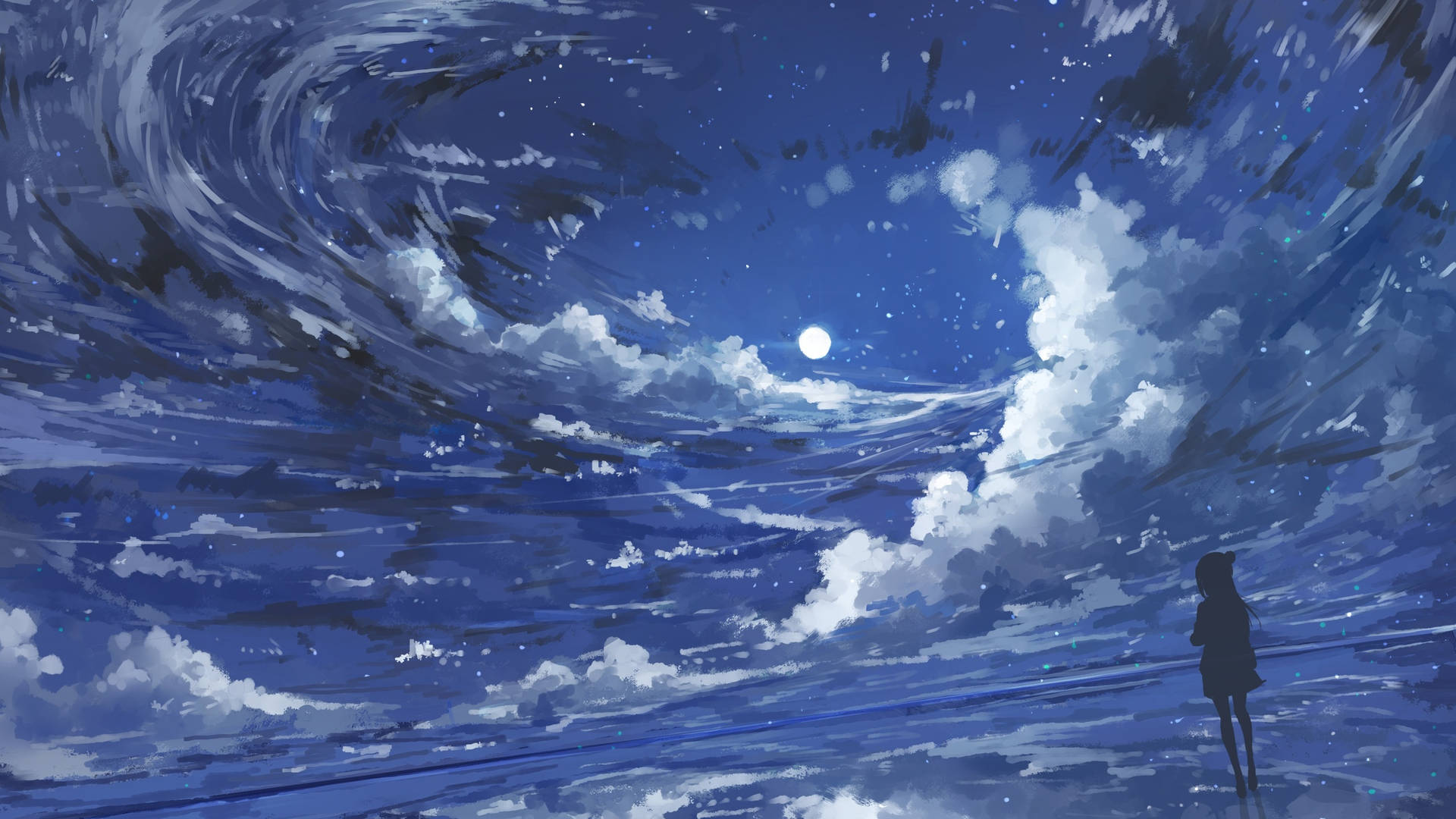 Moon 4k Anime Girl Cloudy Sky Background