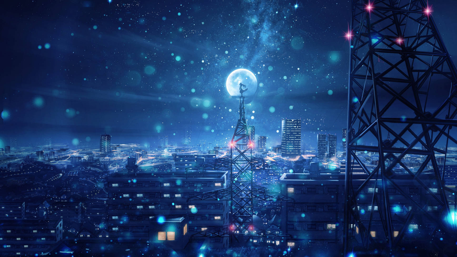 Moon 4k Anime Girl On Phone Tower Background