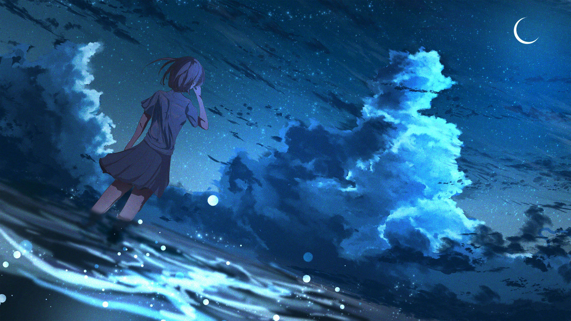 Moon 4k Anime Girl On Water Background