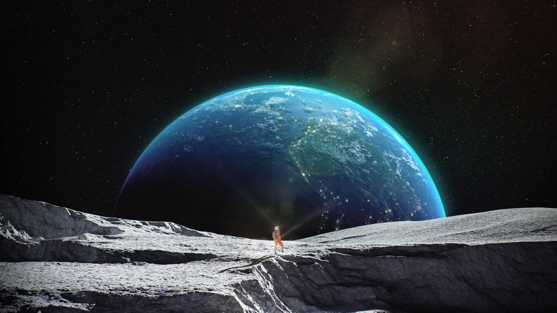 Moon 4k Astronaut Viewing Earth Background