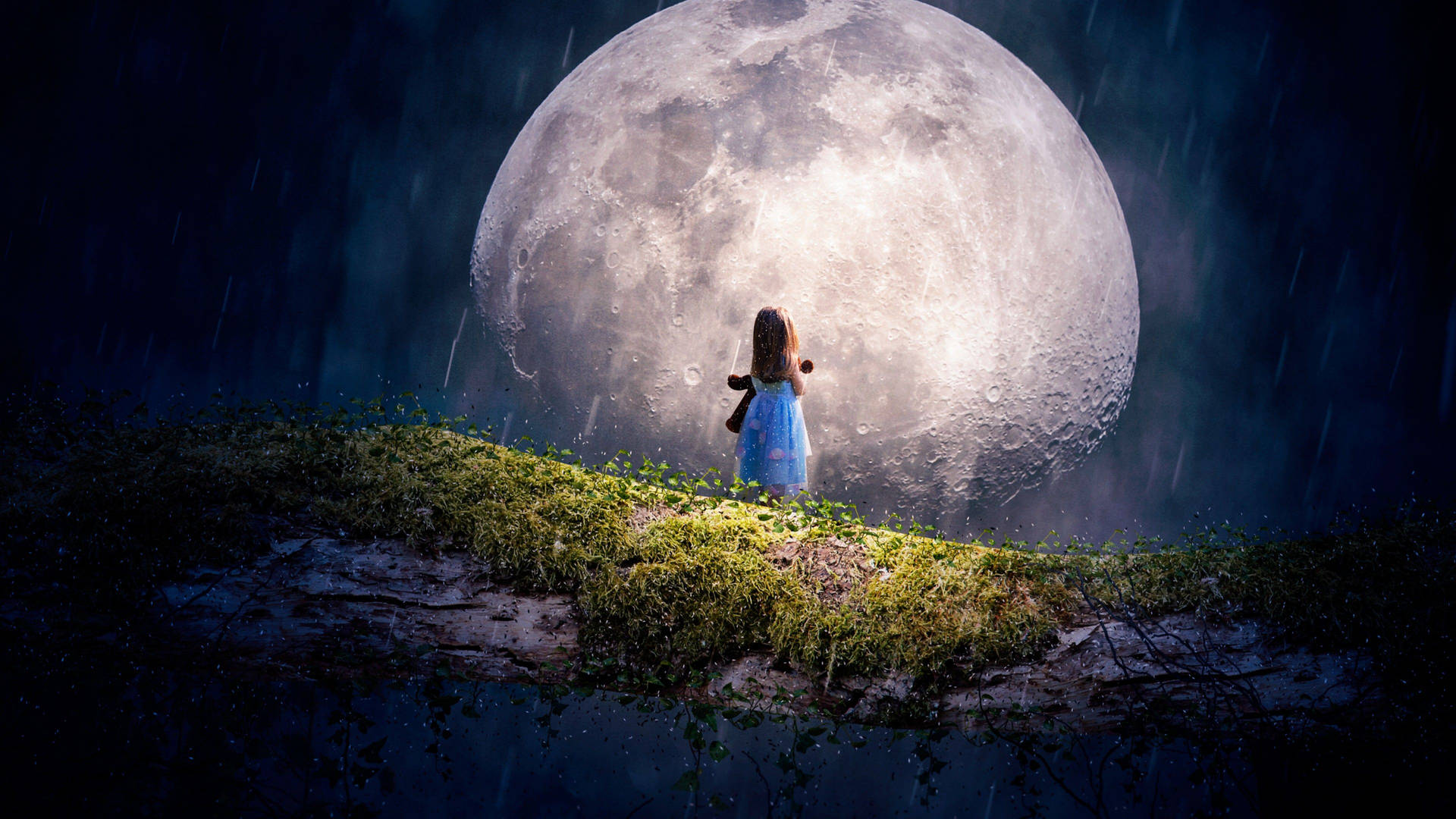 Moon 4k Little Girl On Mossy Log Background