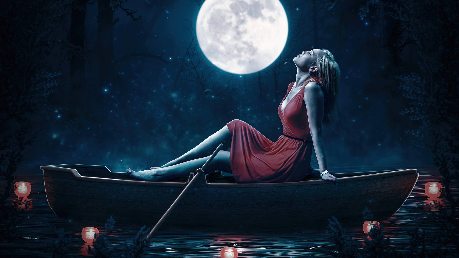 Moon 4k Woman On Canoe Background