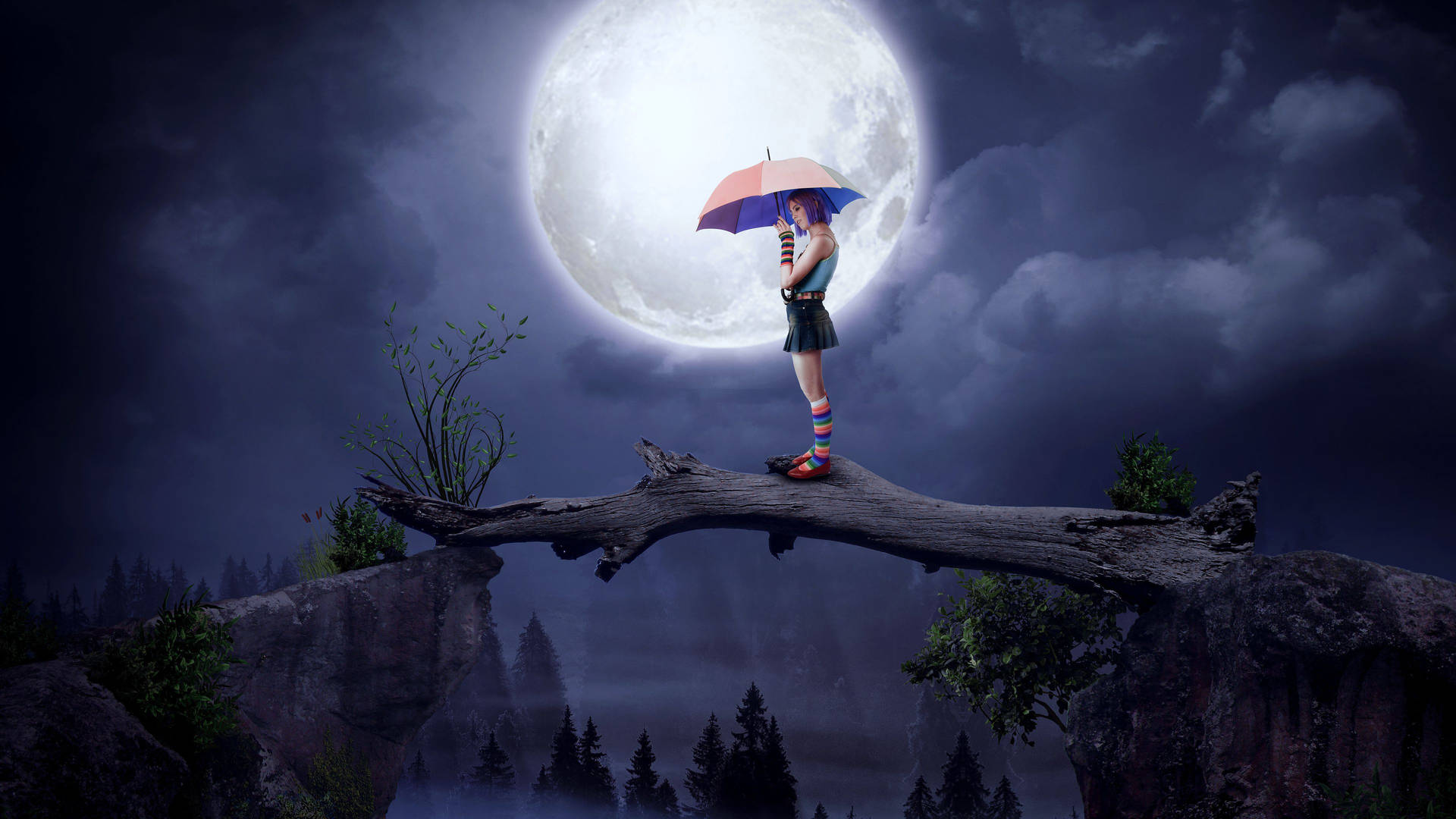 Moon 4k Woman On Log With Umbrella Background