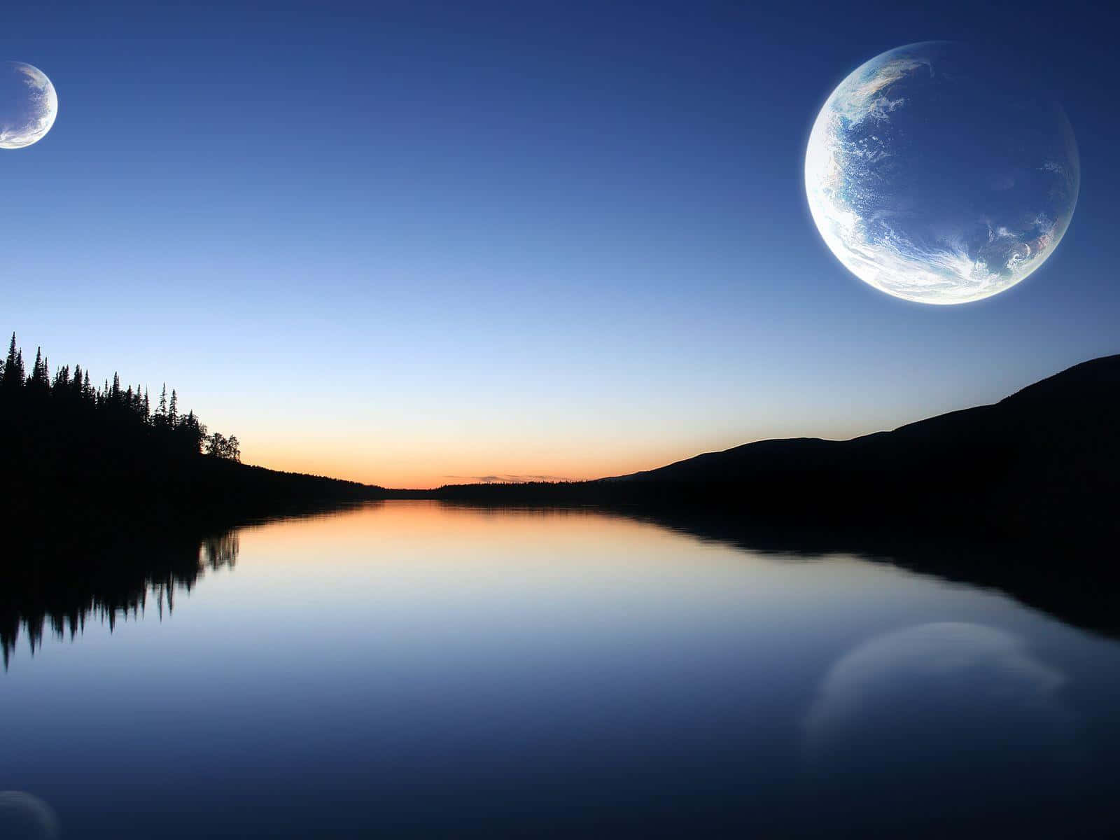 Moon And Planets In The Water Background