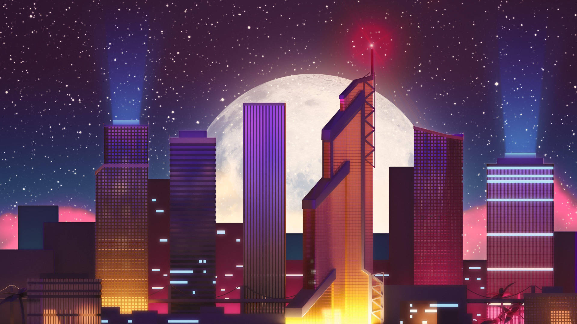 Moon And Stars Cityscape Art Background