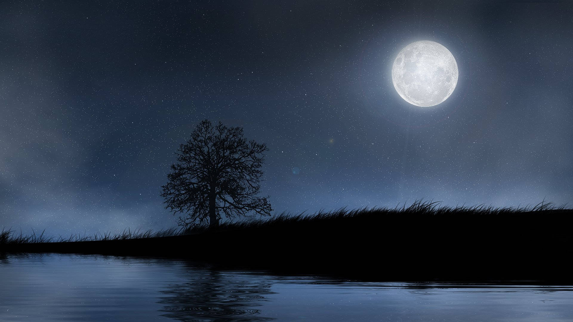 Moon And Stars Serene Lake Background