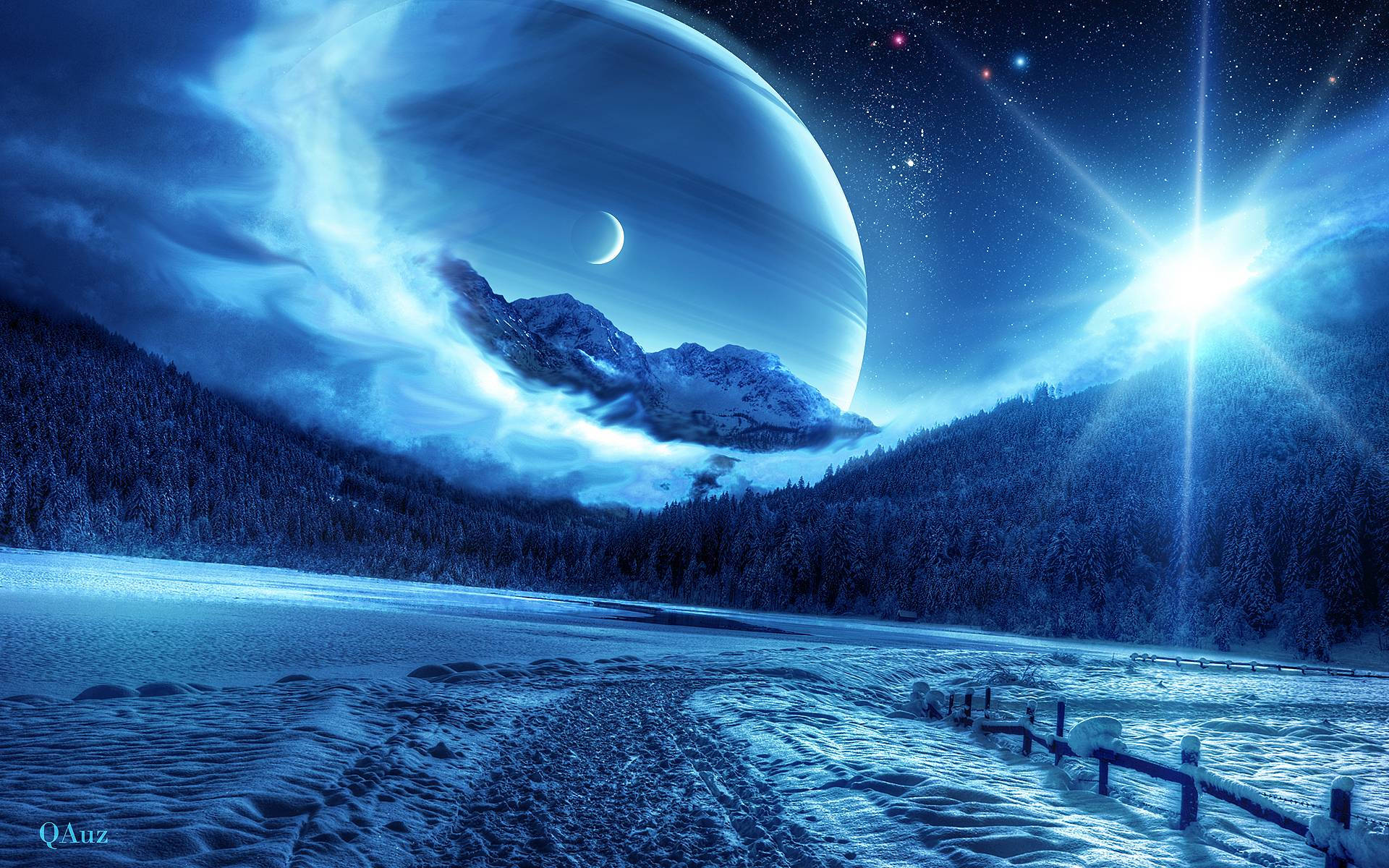 Moon And Stars Winter Landscape Background