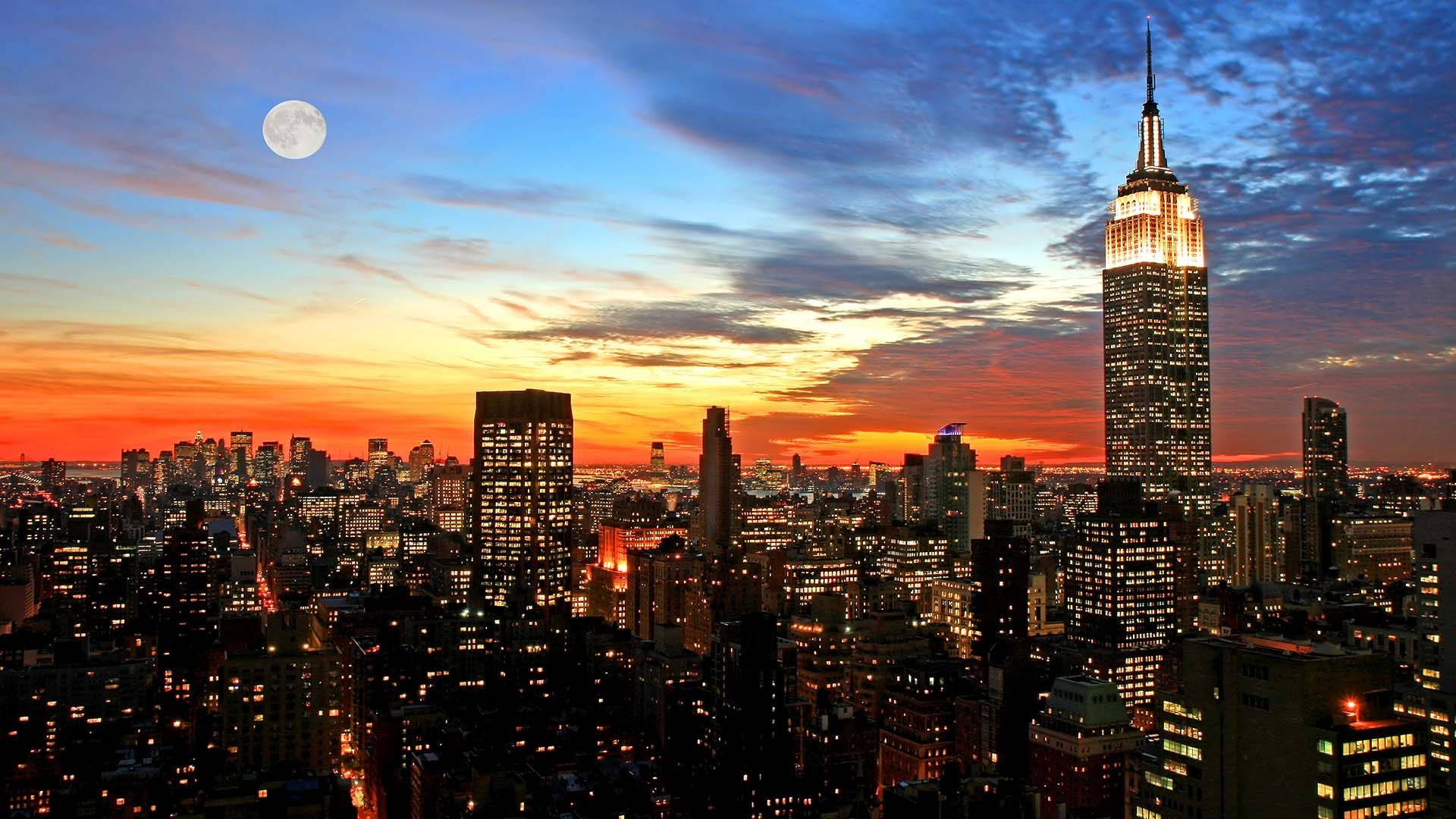 Moon And Sun In New York Skyline