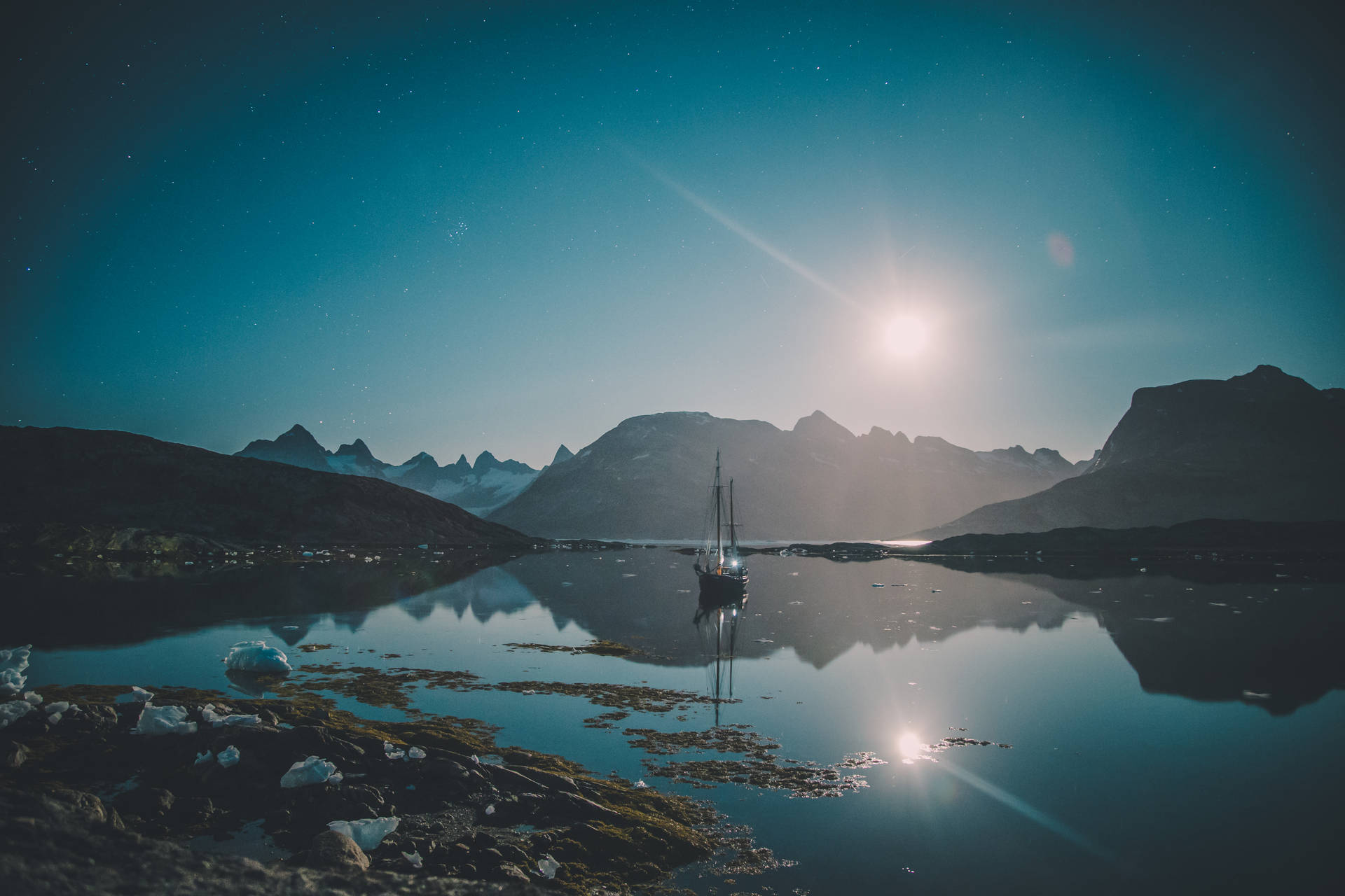 Moon Lit Sailboat In Greenland