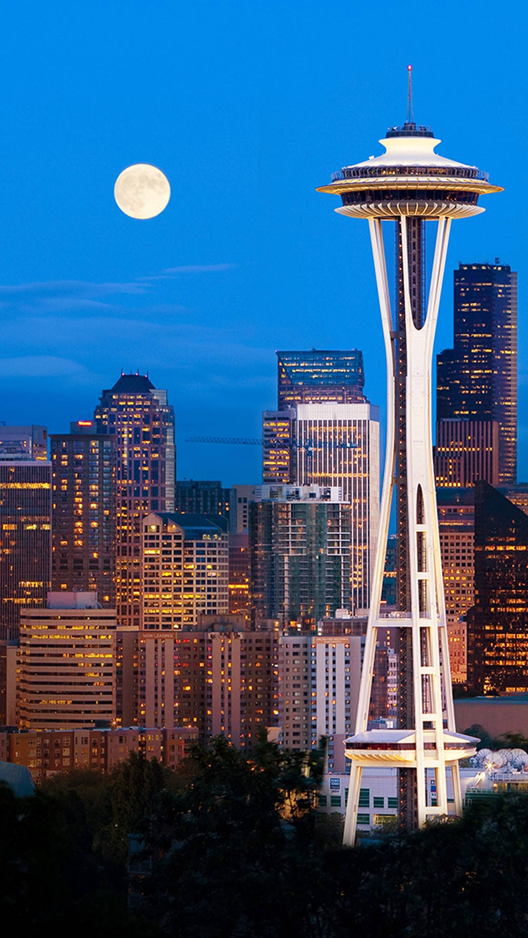 Moon Space Needle Seattle Skyline Washington Background