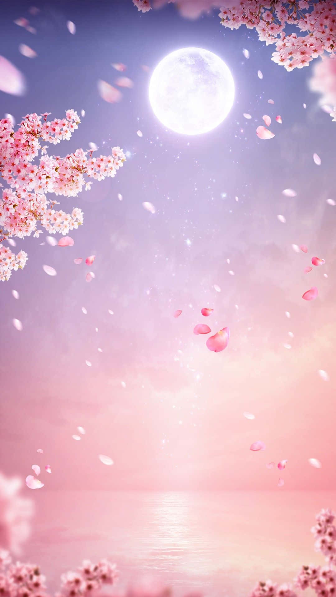 Moonlit Cherry Blossoms Over Water Background