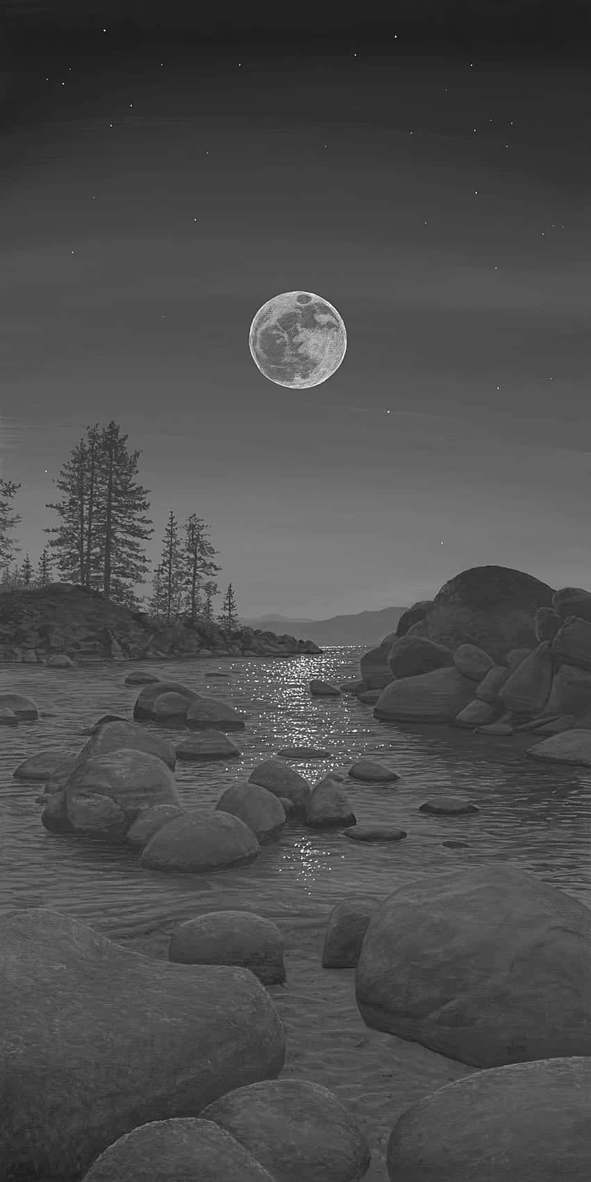 Moonlit Riverbed Black And White Background