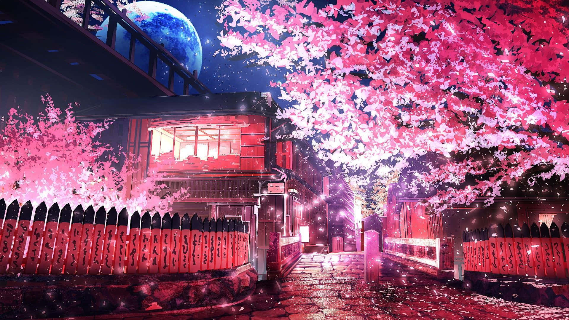 Moonlit Sakura Street Anime Scene Background
