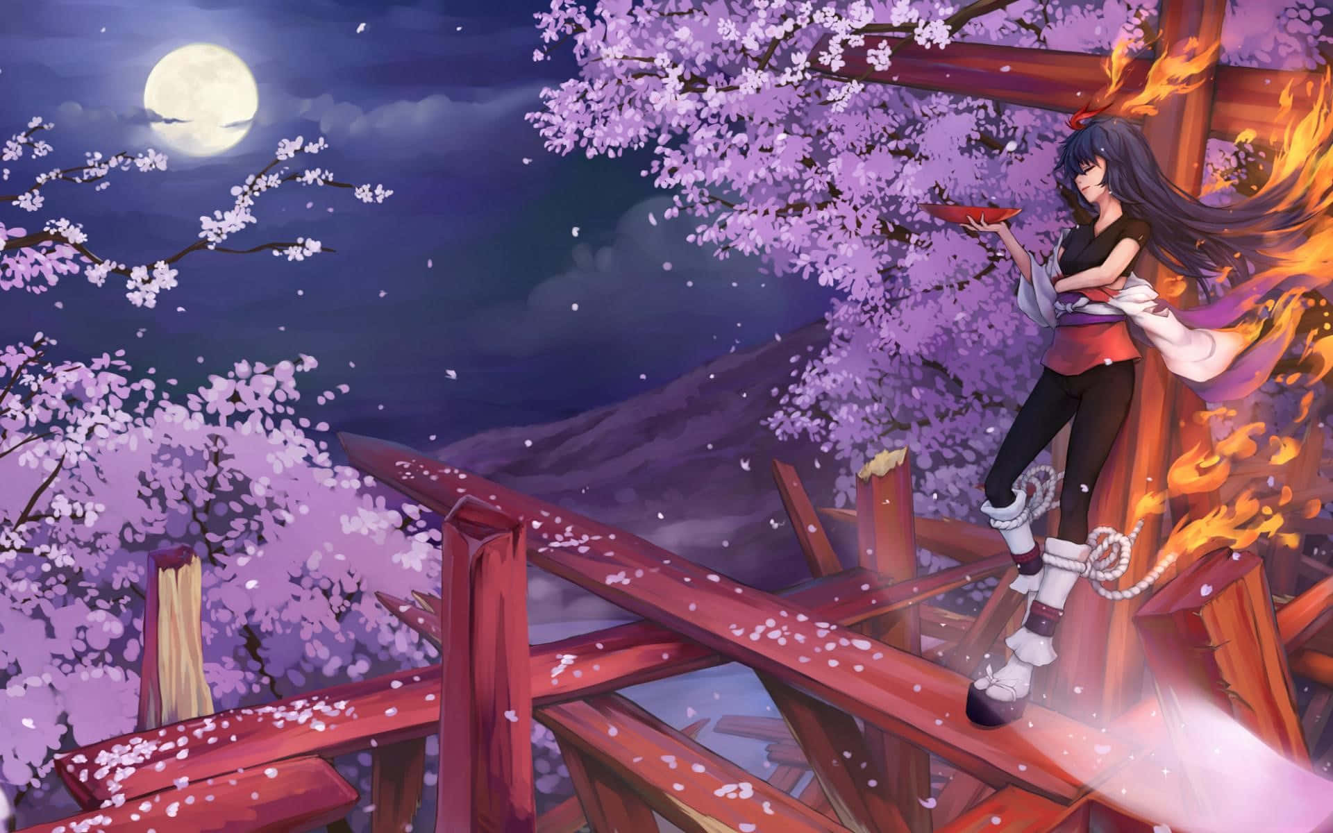 Moonlit Sakuraand Fire Mage Background