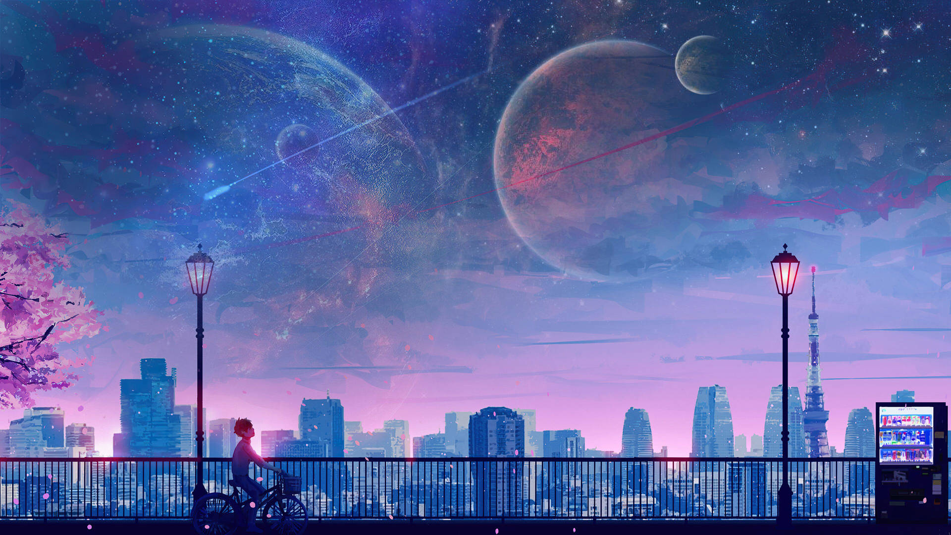 Moons And Planets Above Anime Night City Background