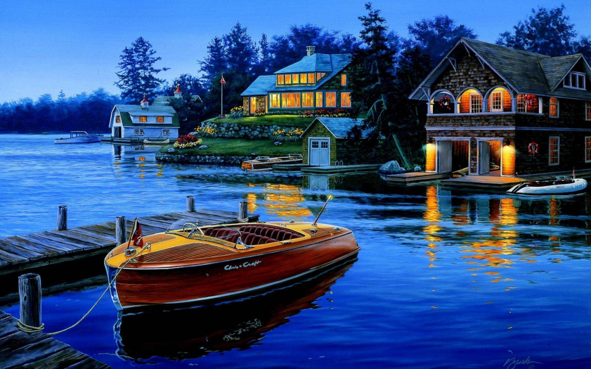Moored Boat By The Lake Painting Background