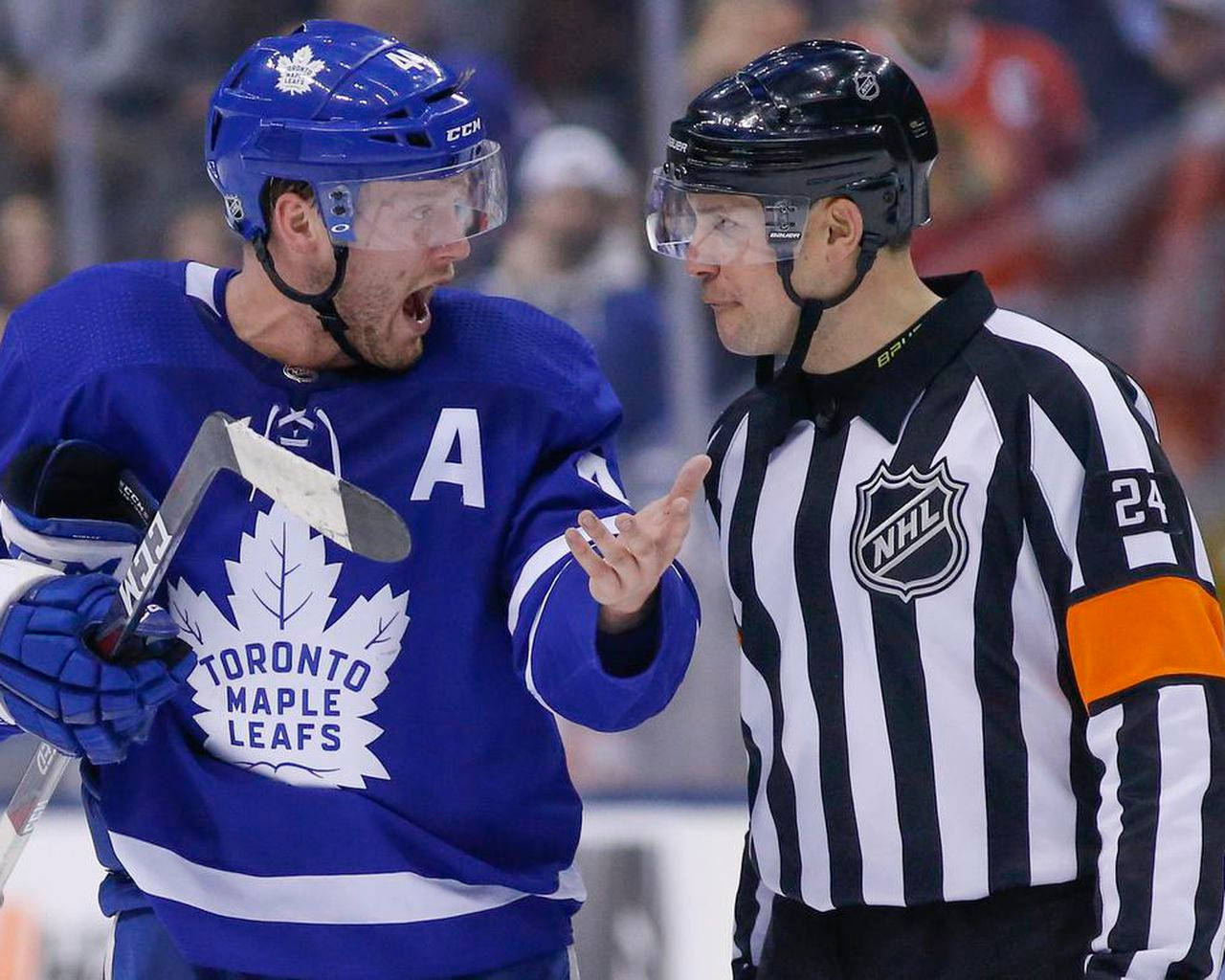 Morgan Rielly Talking To Referee Background