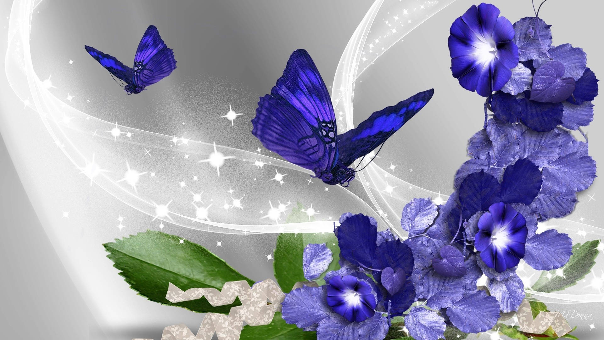 Morning Glory Flowers With Butterflies Background