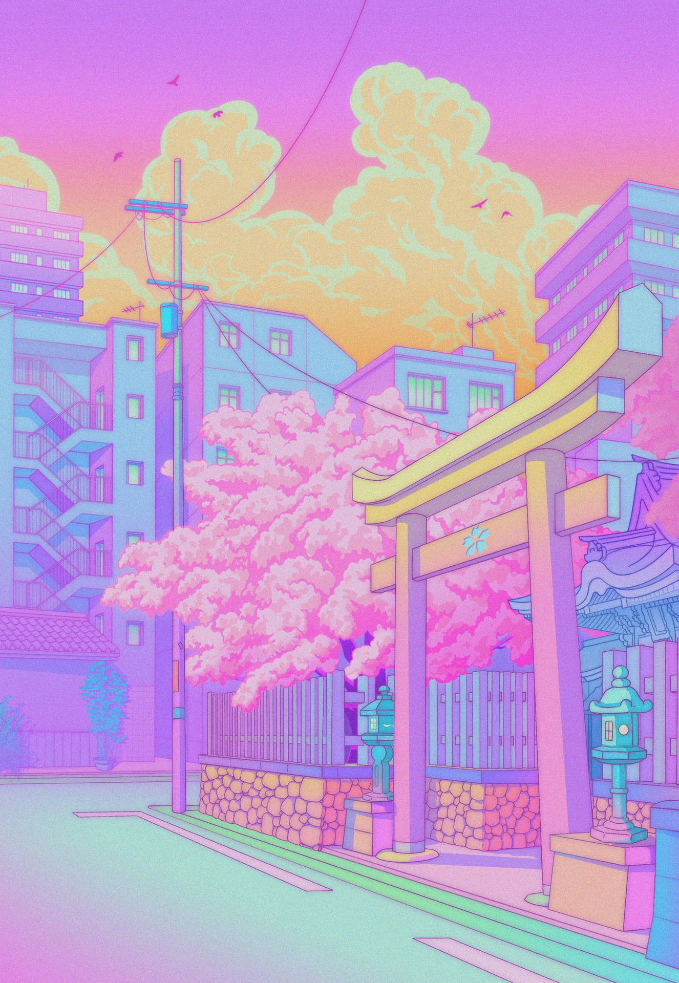 Morning Shrine Visit In Pastel Japanese Aesthetic Background