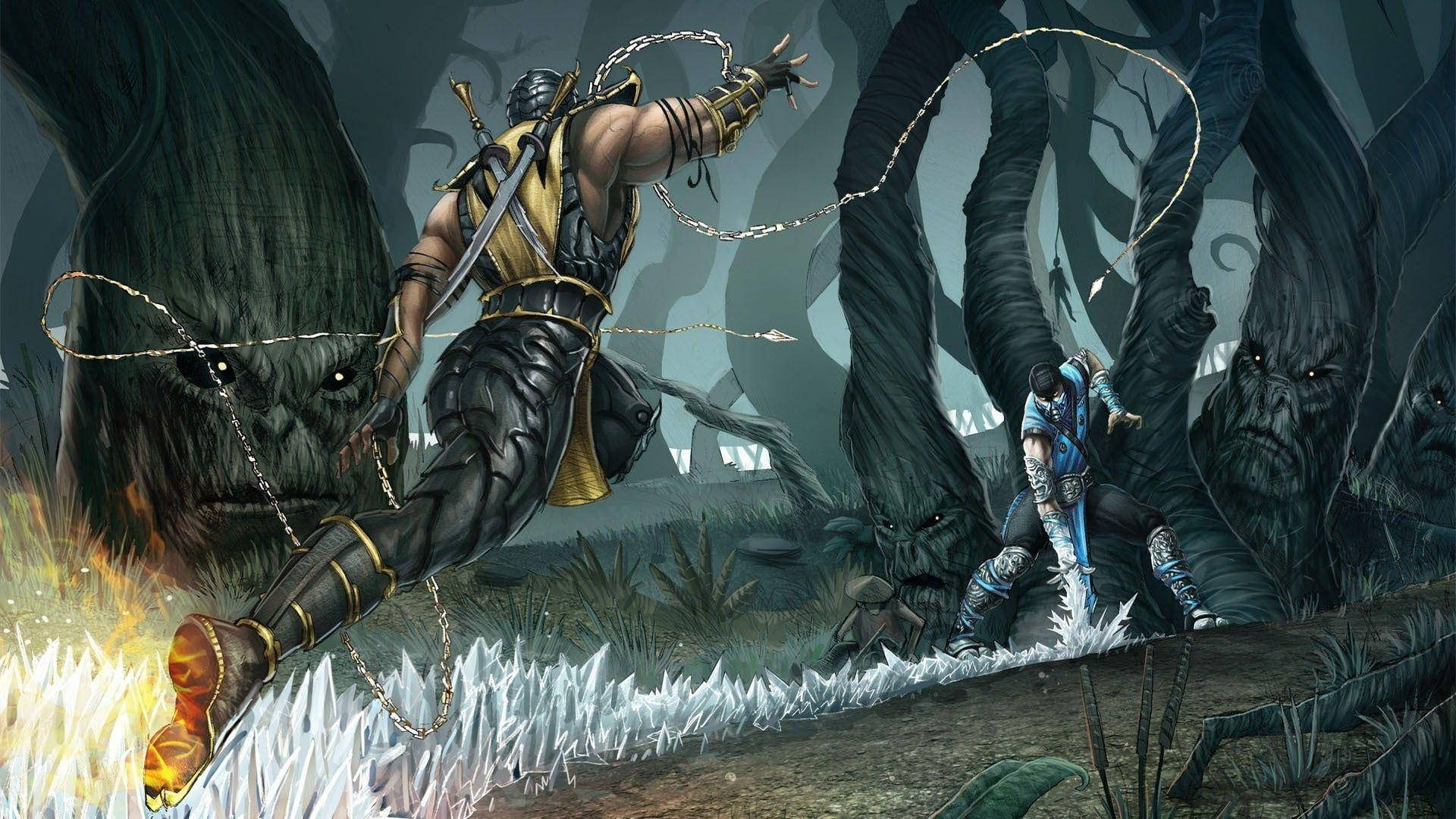 Mortal Kombat Scorpion Vs Sub Zero In Forest Background