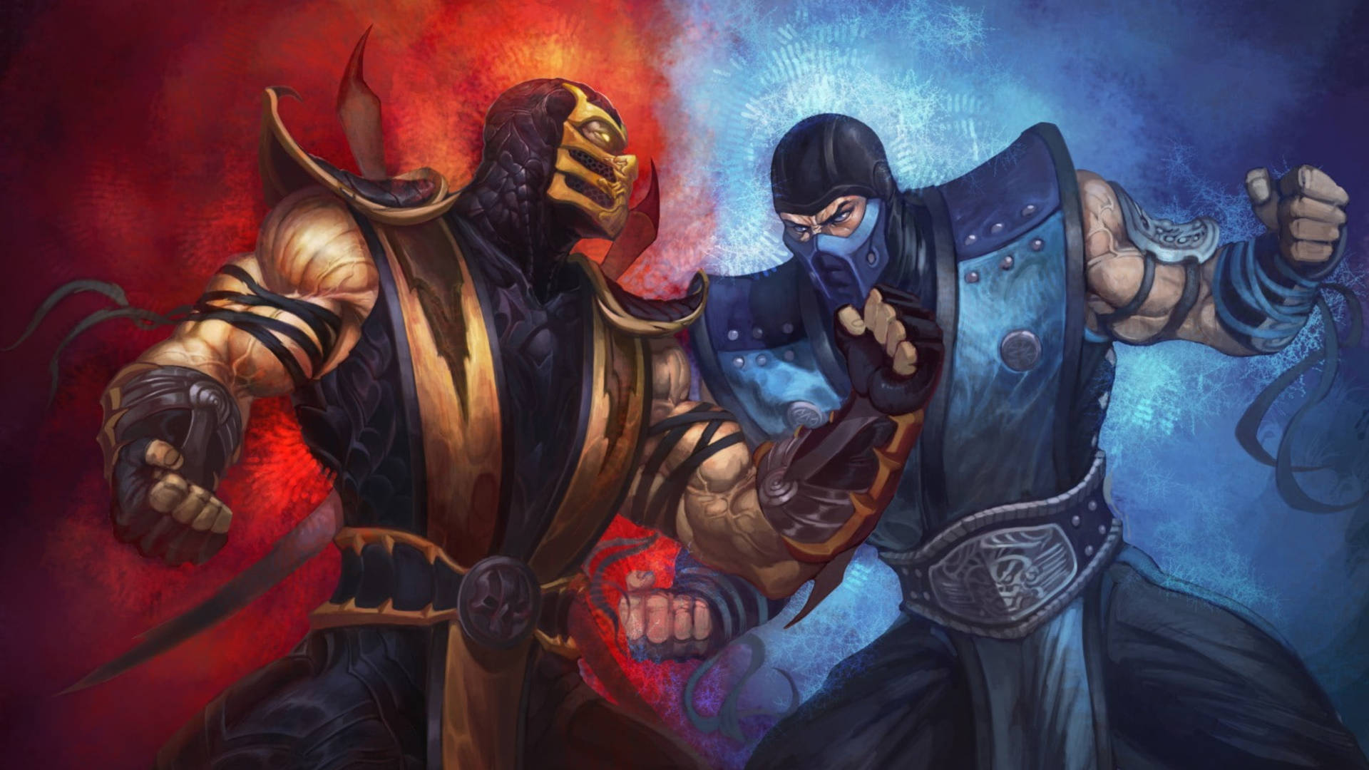 Mortal Kombat Scorpion Vs Sub Zero Realistic Fan Art Fighting Stance Background