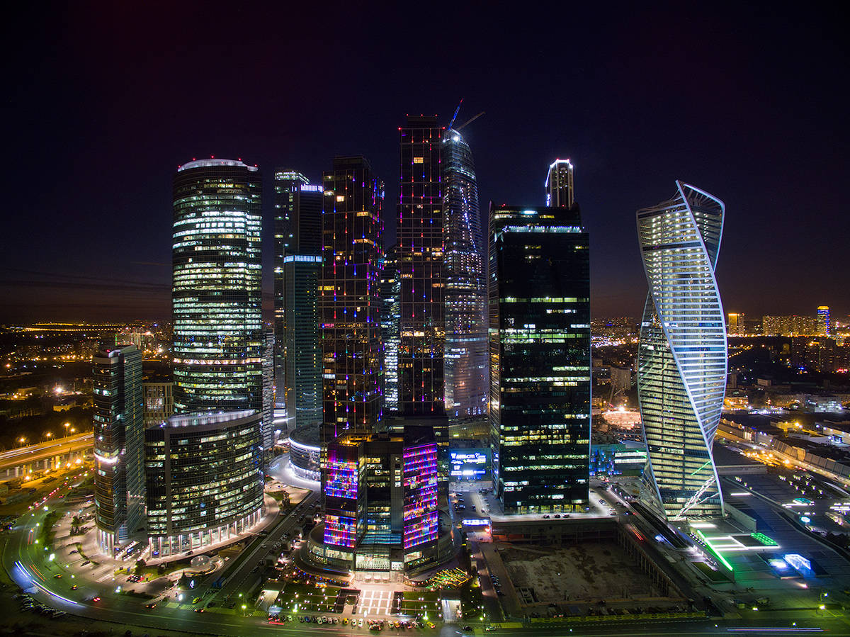 Moscow Skyscrapers Neon Lights Background