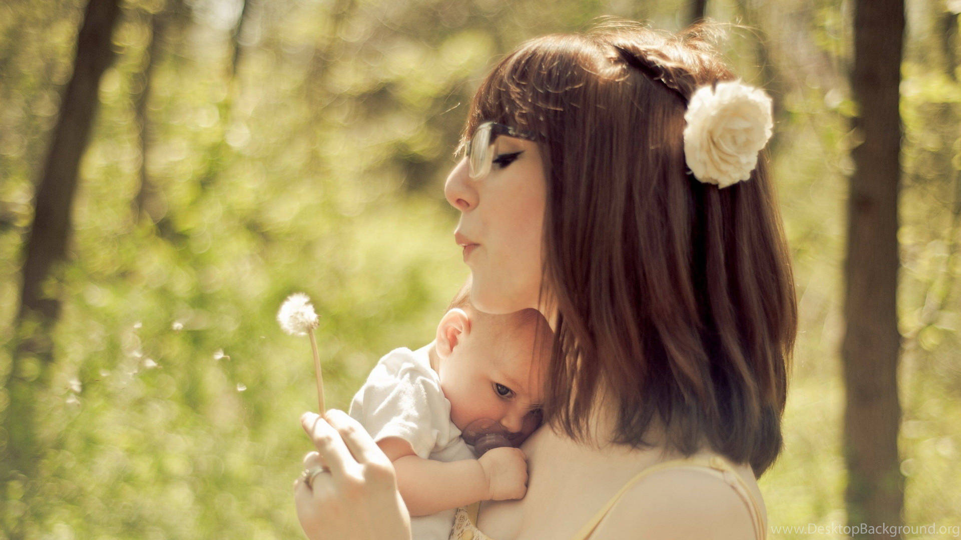 Mother And Baby With Flower Background