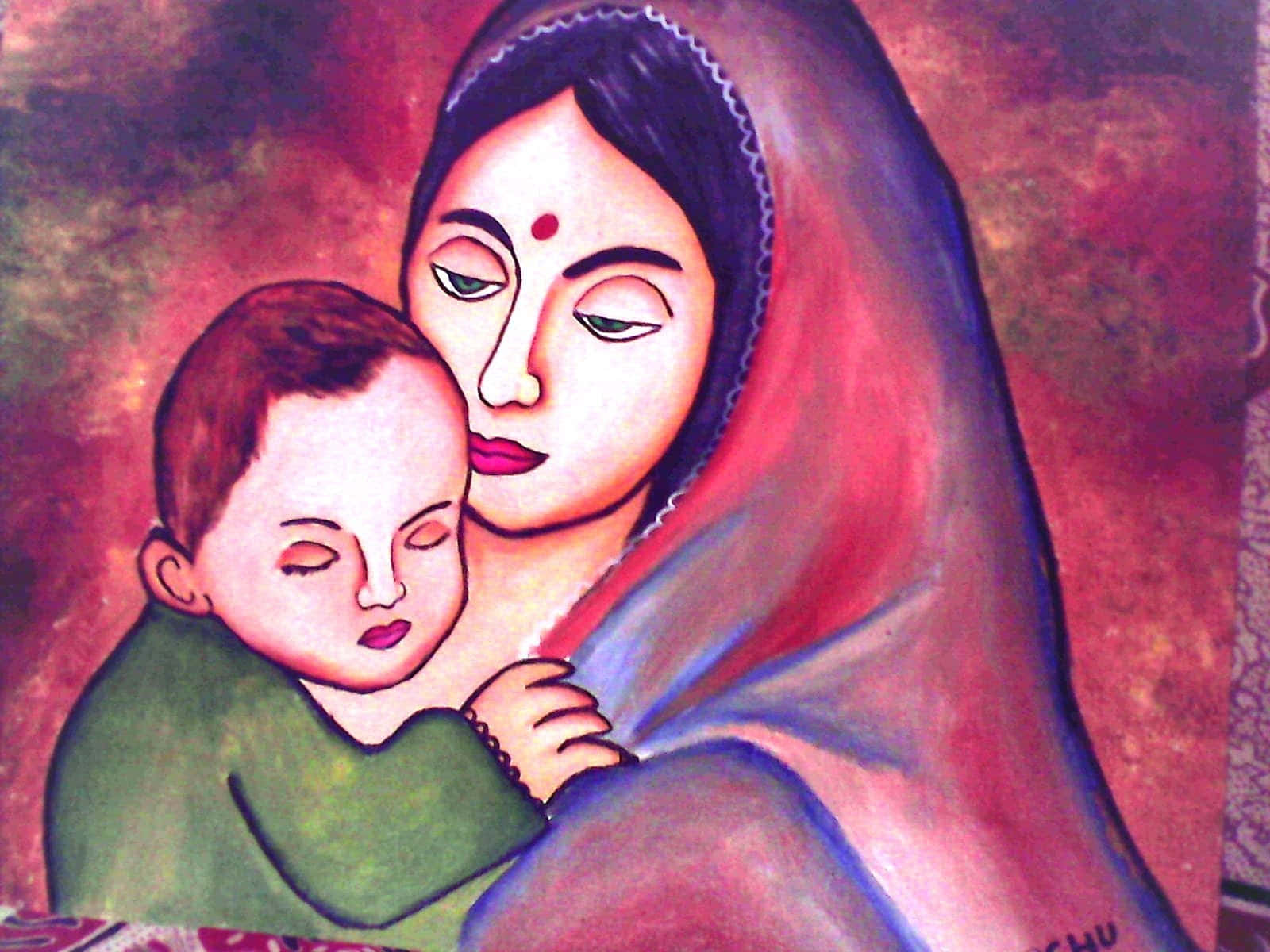 Mother And Boy Painting Background