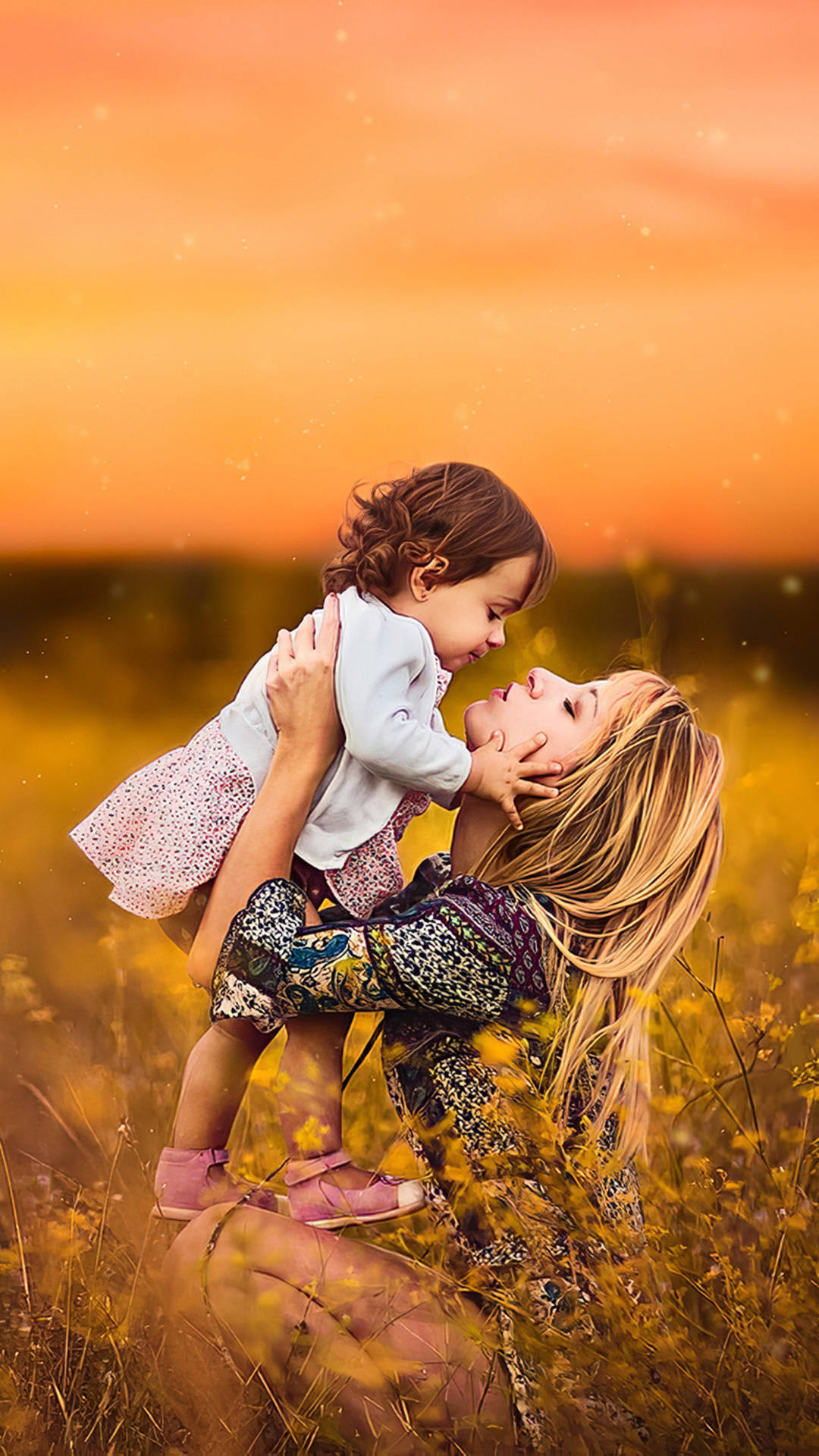 Mother And Daughter In Flower Garden Background