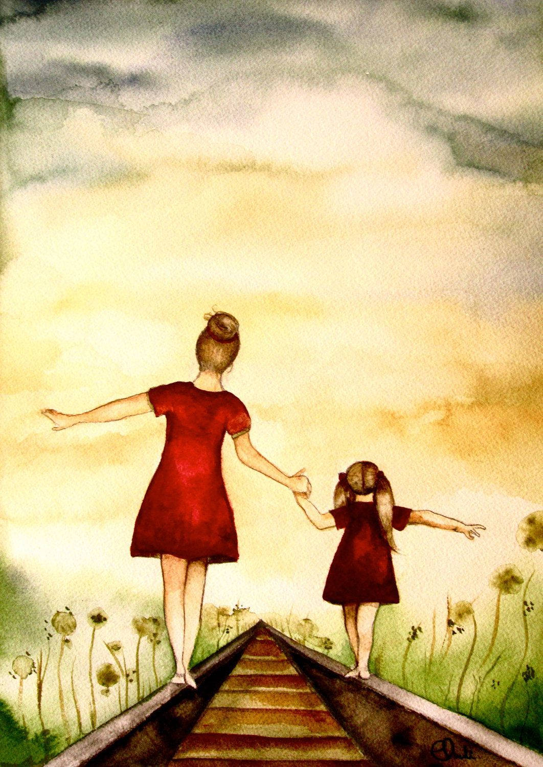 Mother And Daughters In Train Rails Background