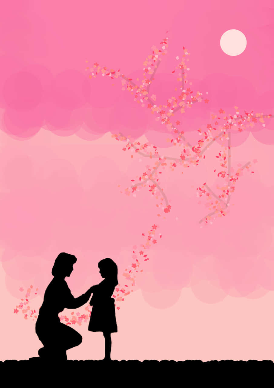 Mother Child Silhouette Cherry Blossoms Background