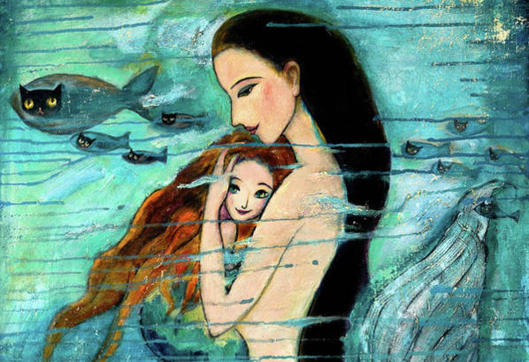 Mother Daughter Blue Painting Background