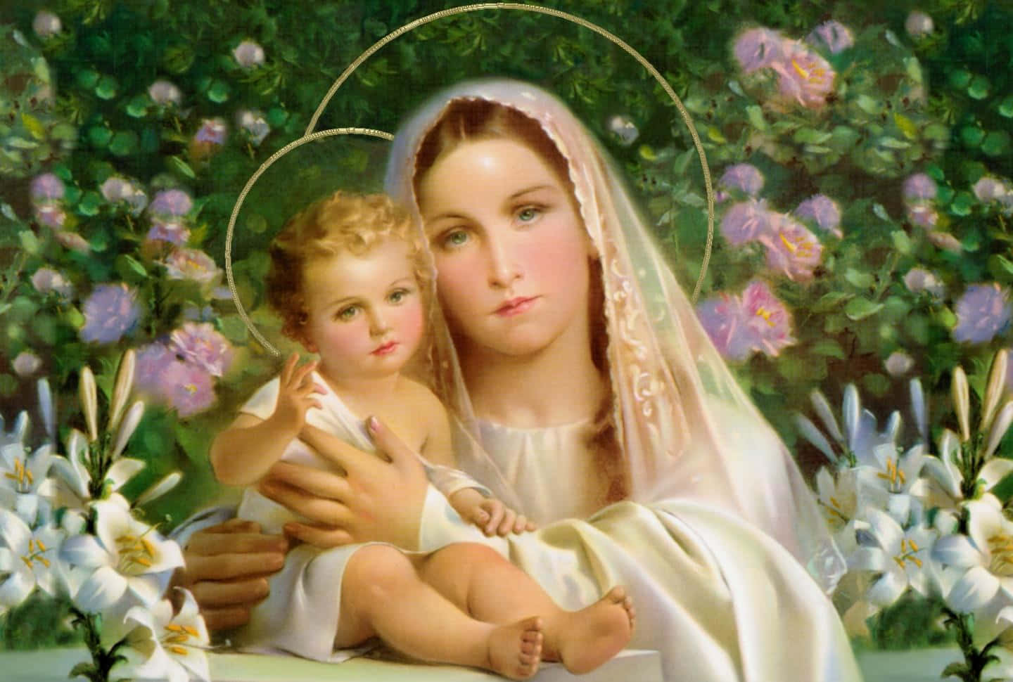 Mother Mary And Baby Jesus Flower Garden Background
