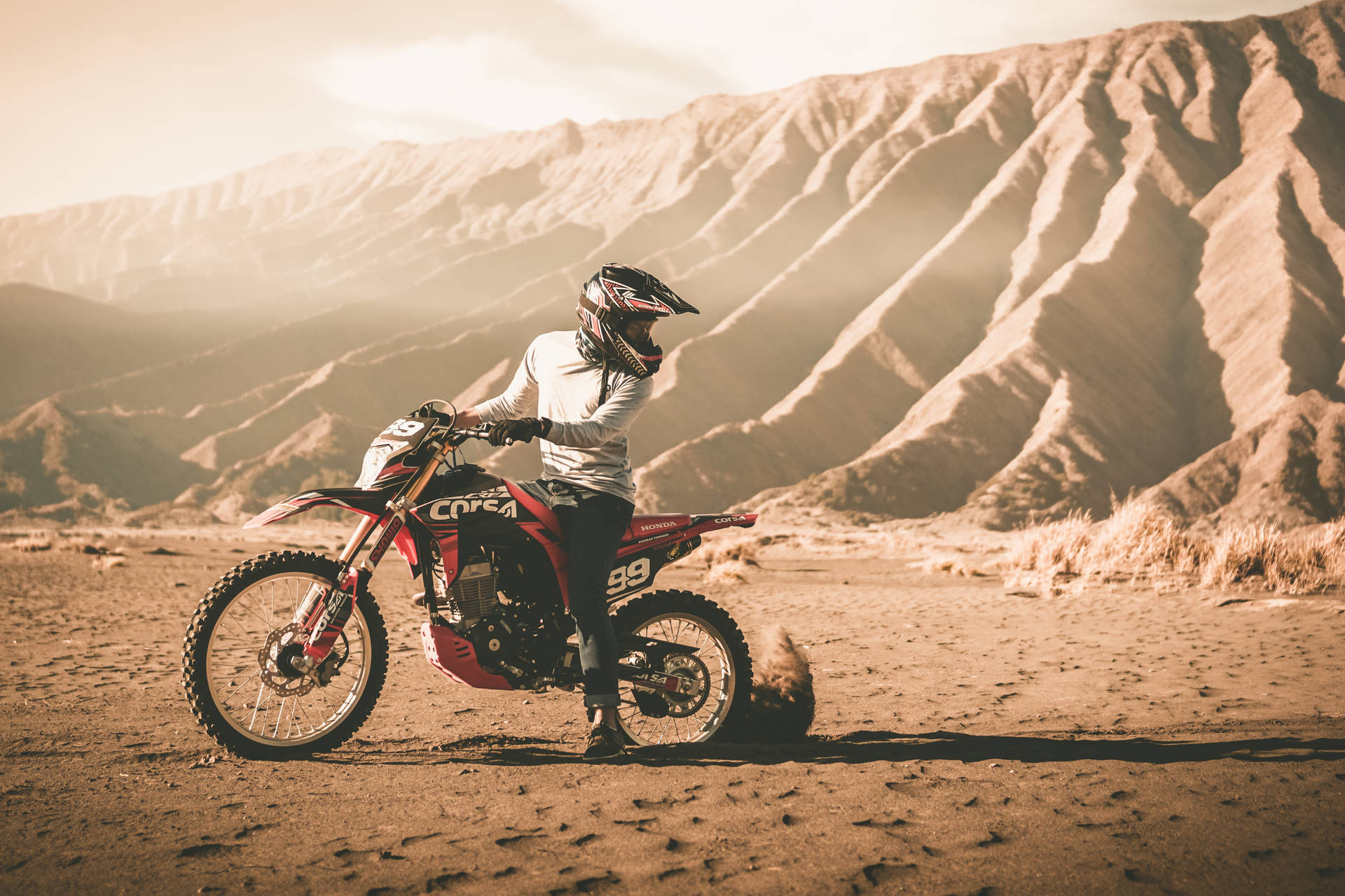 Motorcycle, Cross, Motorcyclist, Mountains, Off-road, Sand, Helmet Background