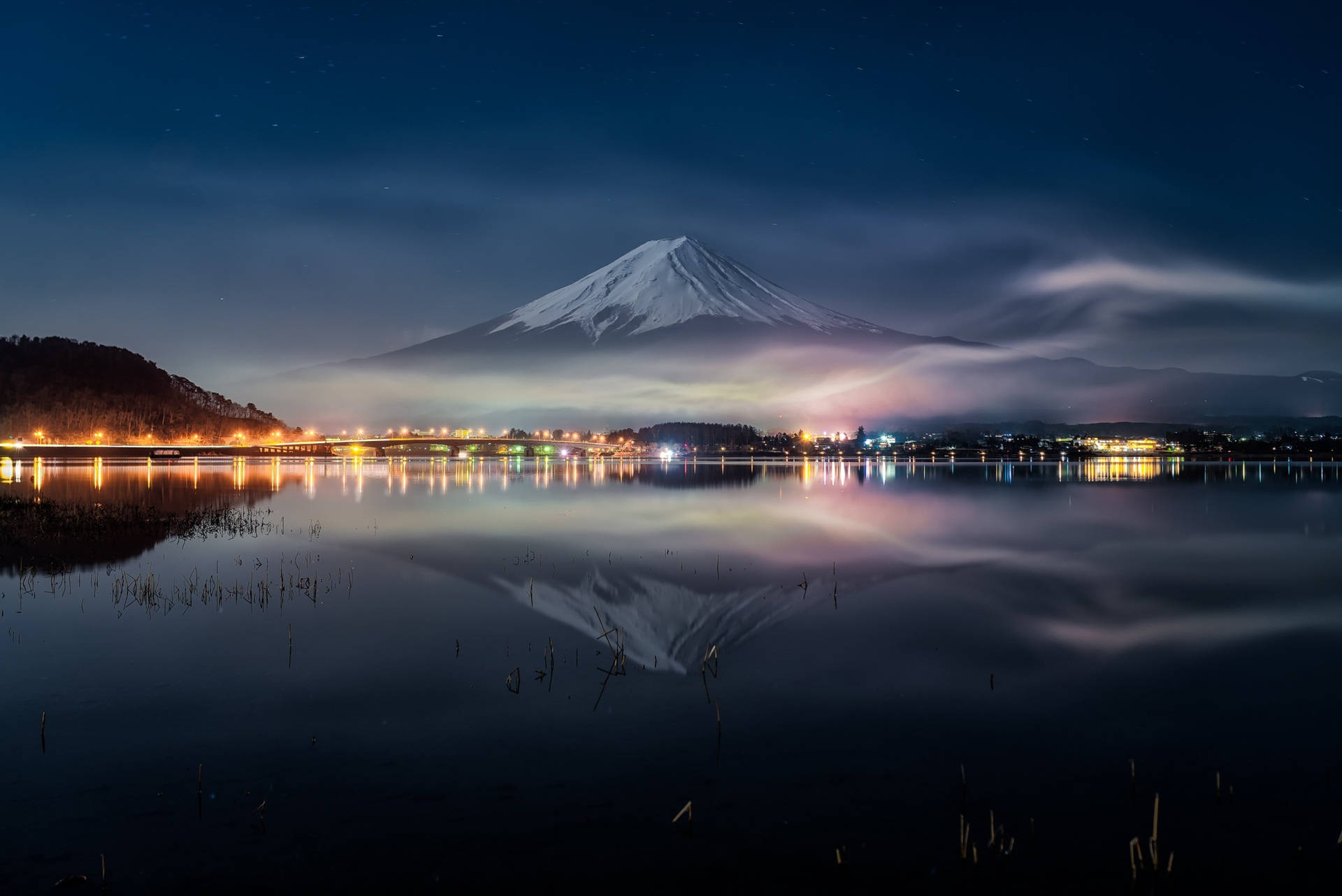 Mount Fuji And Bright City Background