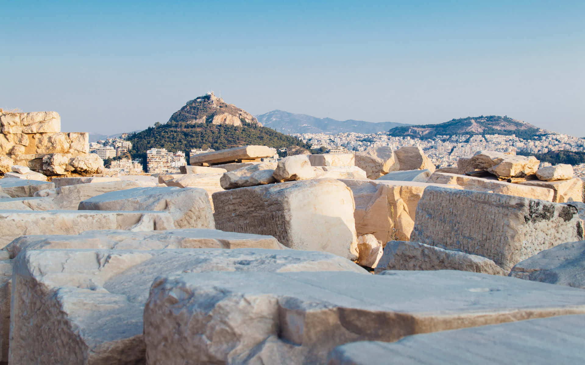 Mount Lycabettus Behind The Athenian Acropolis Background