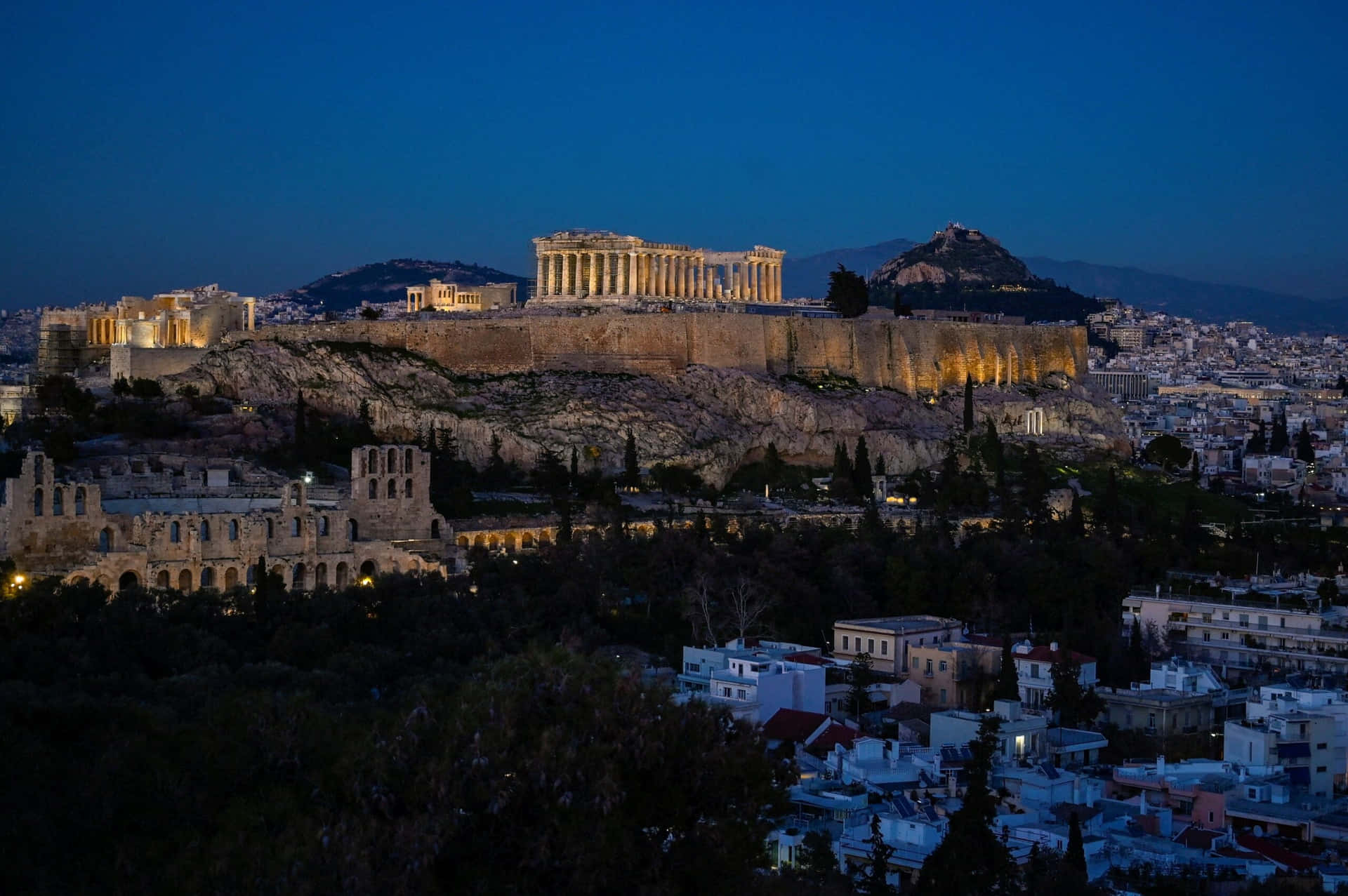 Mount Lycabettus Evening Blue Sky Athens
