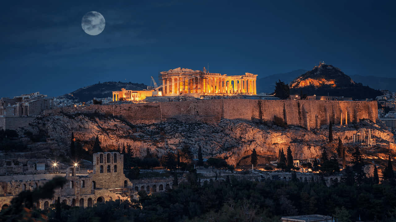 Mount Lycabettus Moon Night Sky