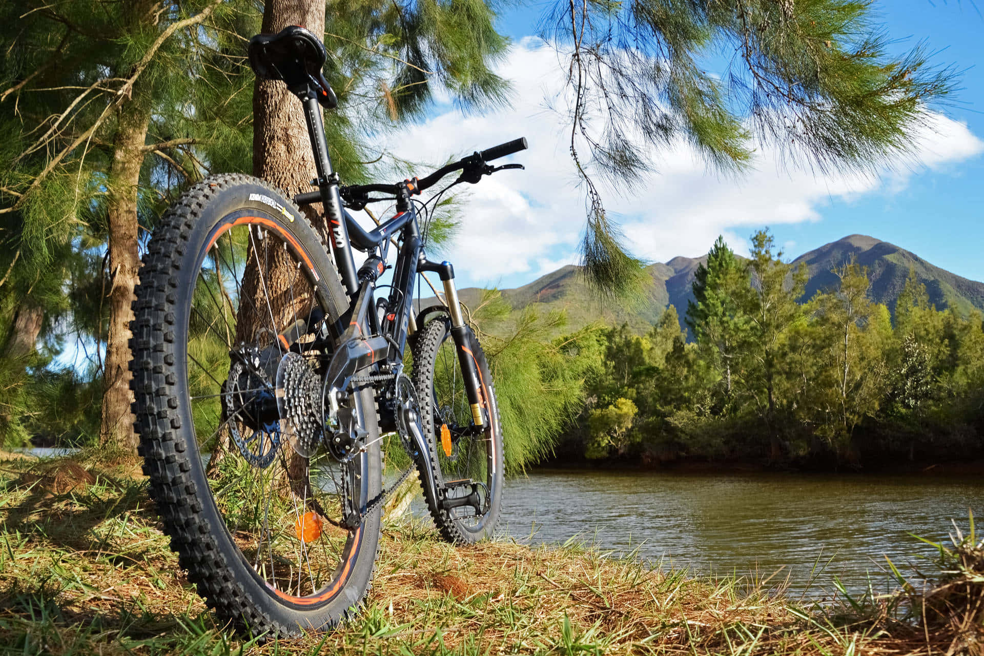 Mountain Bike Riverside Rest Background