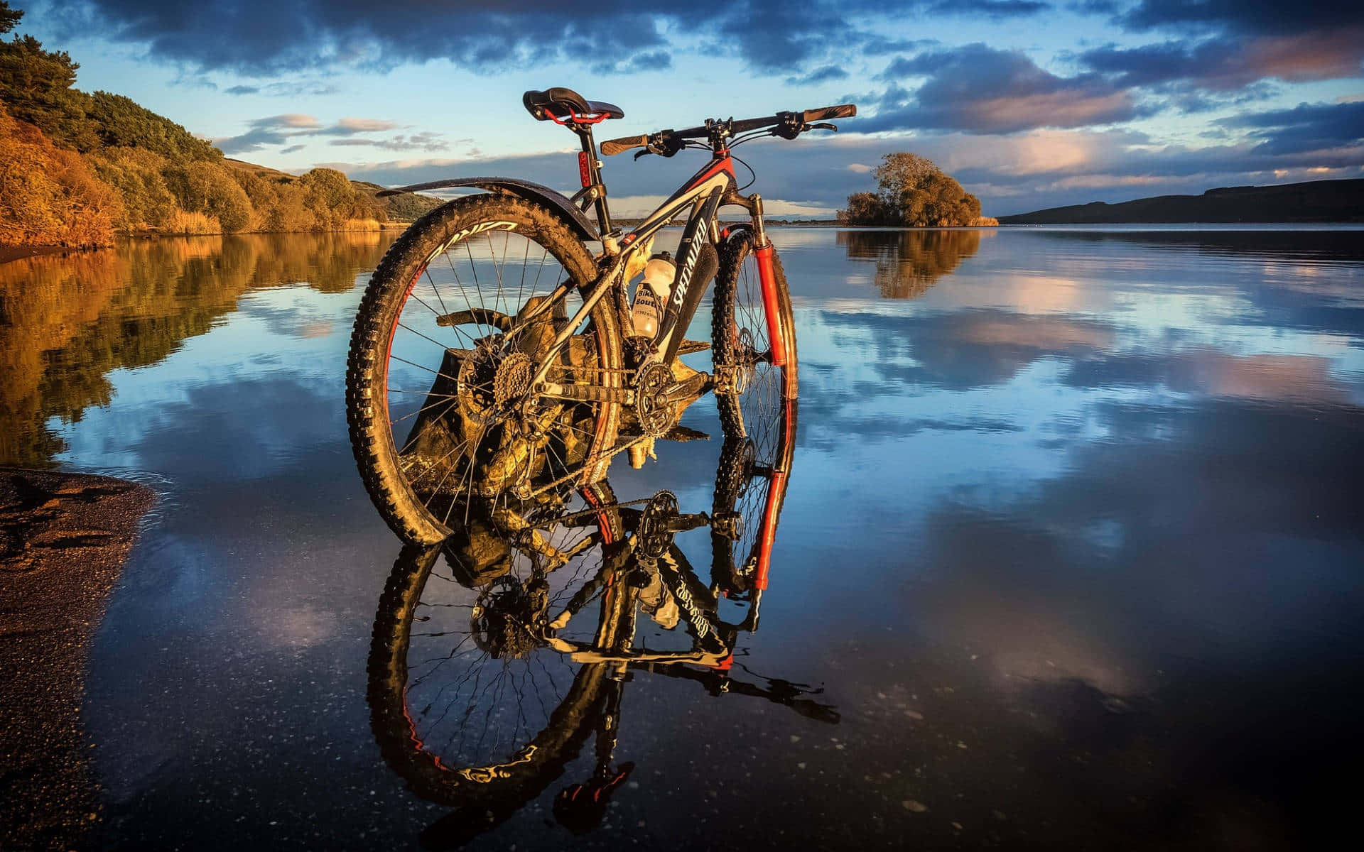 Mountain Bike Sunset Lake Reflection Background
