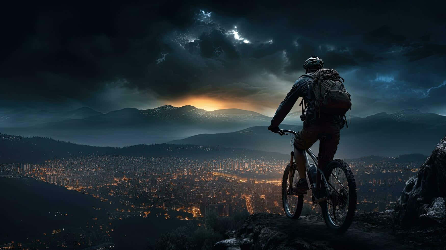 Mountain Biker Overlooking Cityat Dusk Background