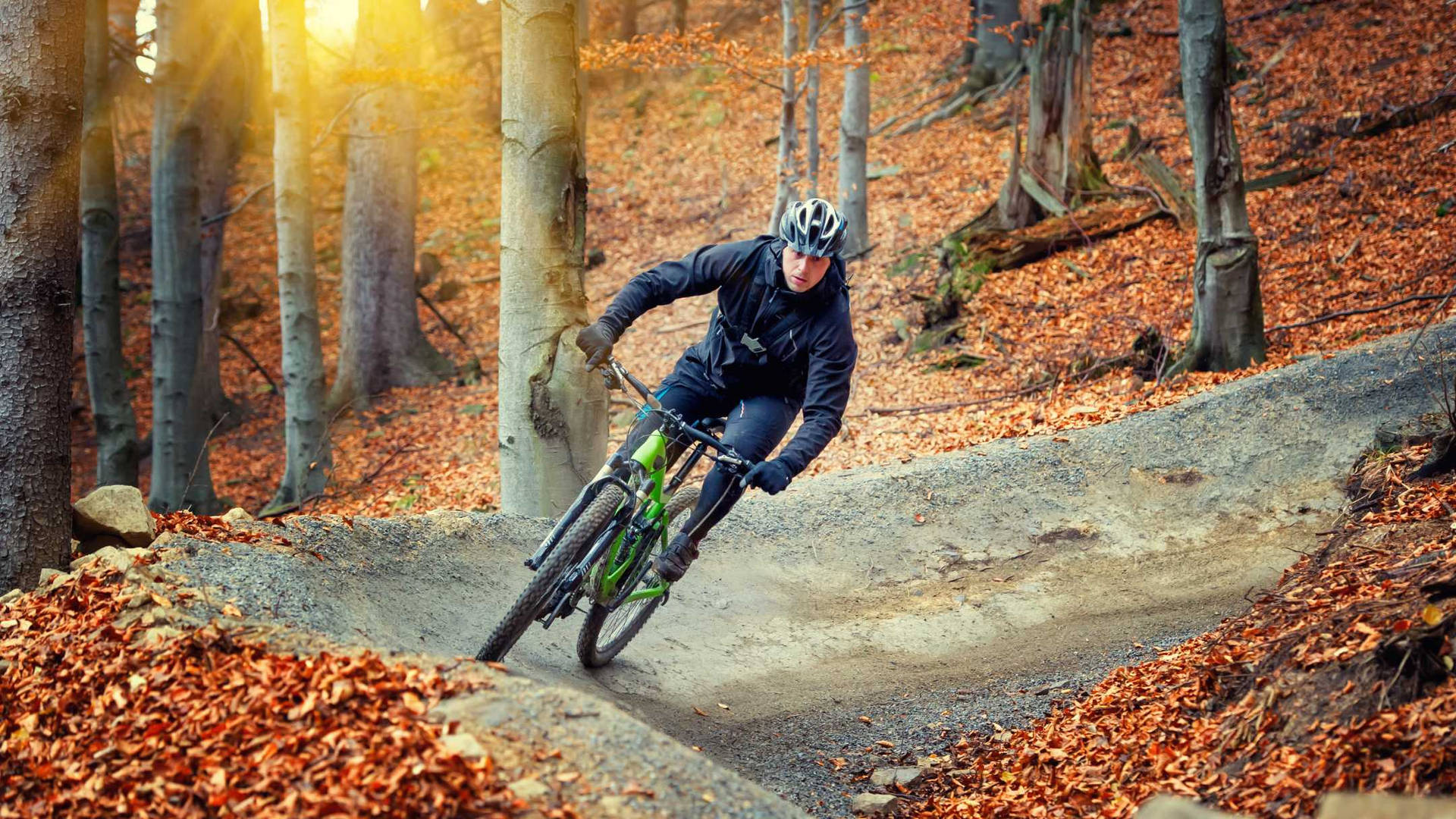 Mountain Biking Up On Hill Autumn Season Background