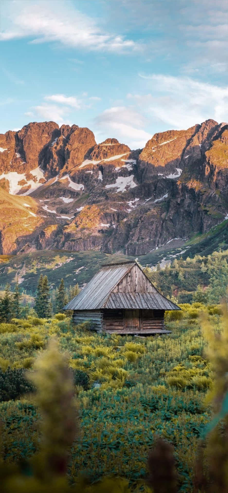 Mountain Cabin Sunset Scenery Background