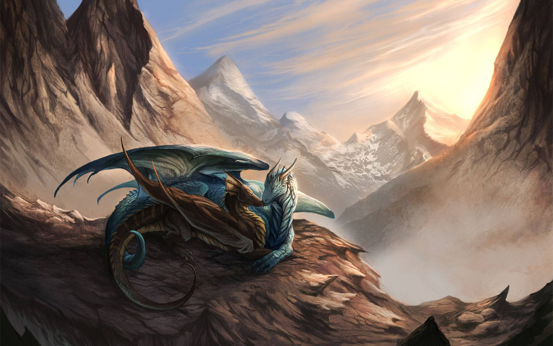 Mountain Cave Light Dragon Couple Background