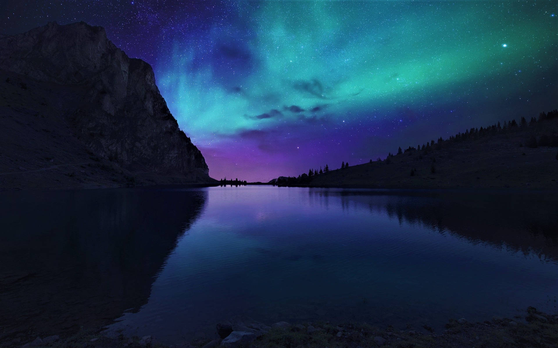 Mountain Lake Side Northern Lights Hd Background