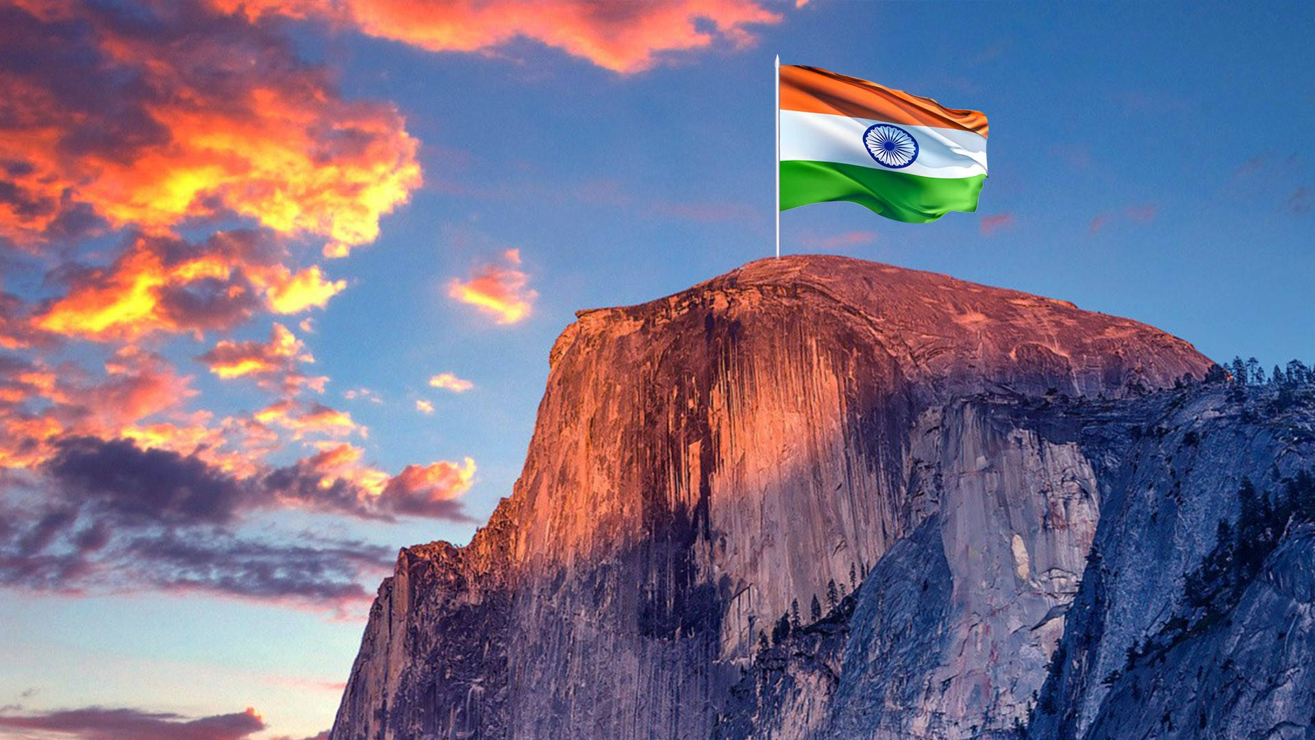 Mountain Top With Indian Flag Background