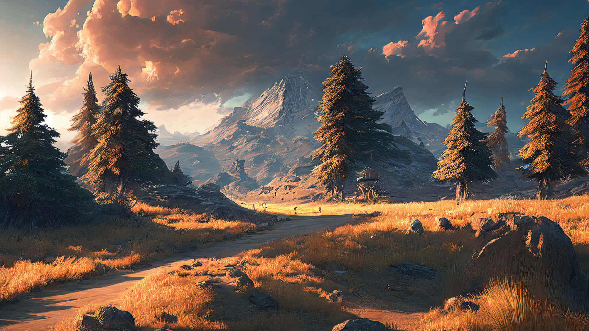 Mountainous_ Evergreen_ Sunset_4 K_ Art Background
