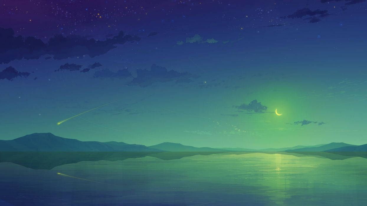 Mountains And Lake Anime Night Sky Background